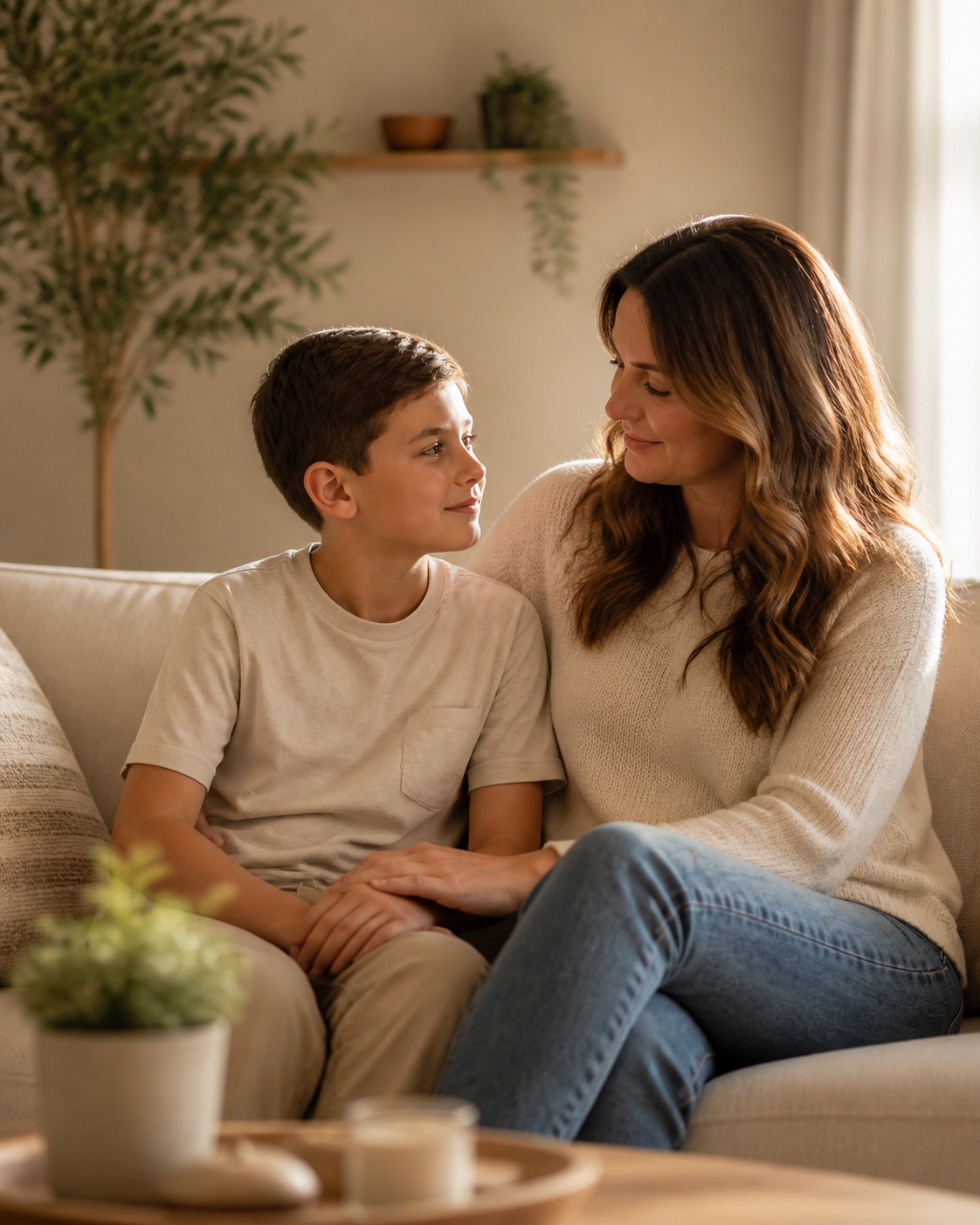 Parent and child in a calm family wellness setting